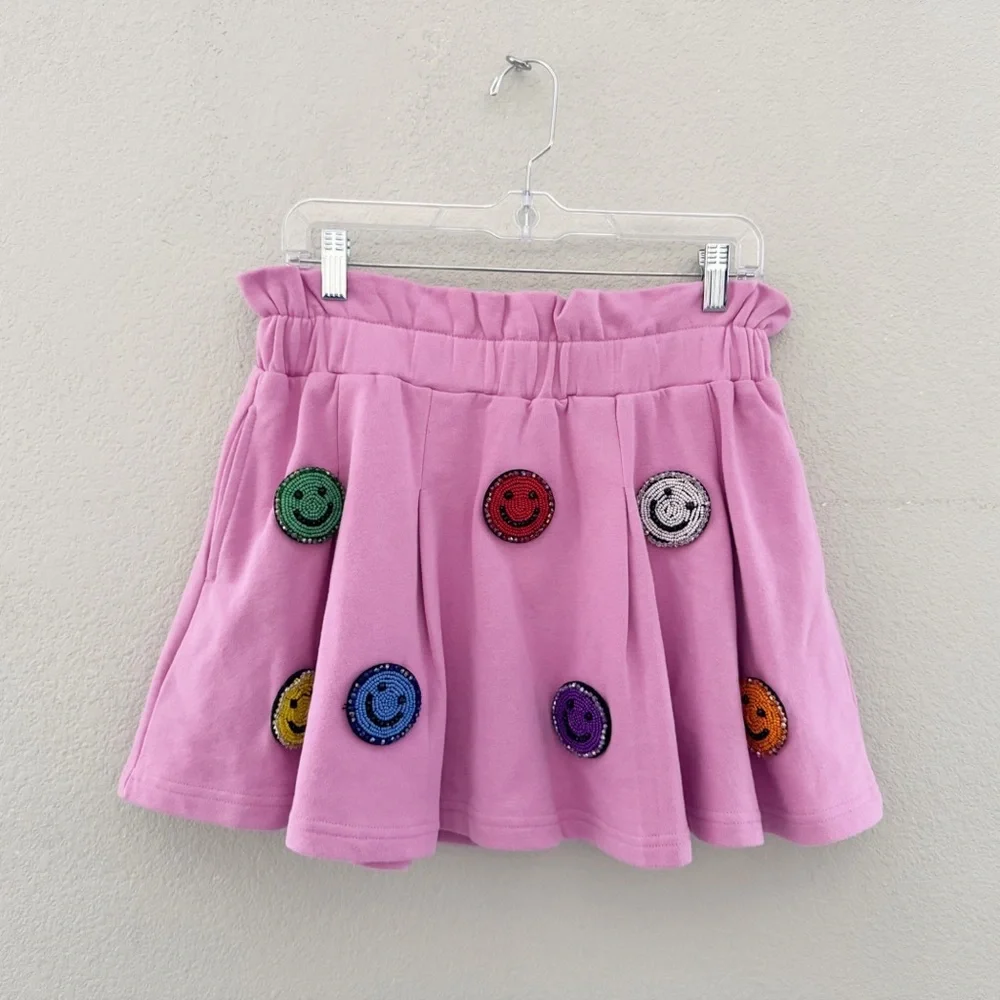 Queen Of Sparkles Smiley Face 3D Skort Set Med Pink Sweatshirt Skirt Casual Fun - Picture 10 of 16